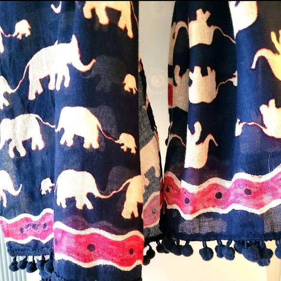 Ann Taylor loft, Navy and Pink Elephant Print Scarf with pom-pom fringe - Picture 6 of 12